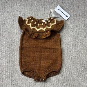 Misha And Puff Brown Knit Baby Romper with Cream Details